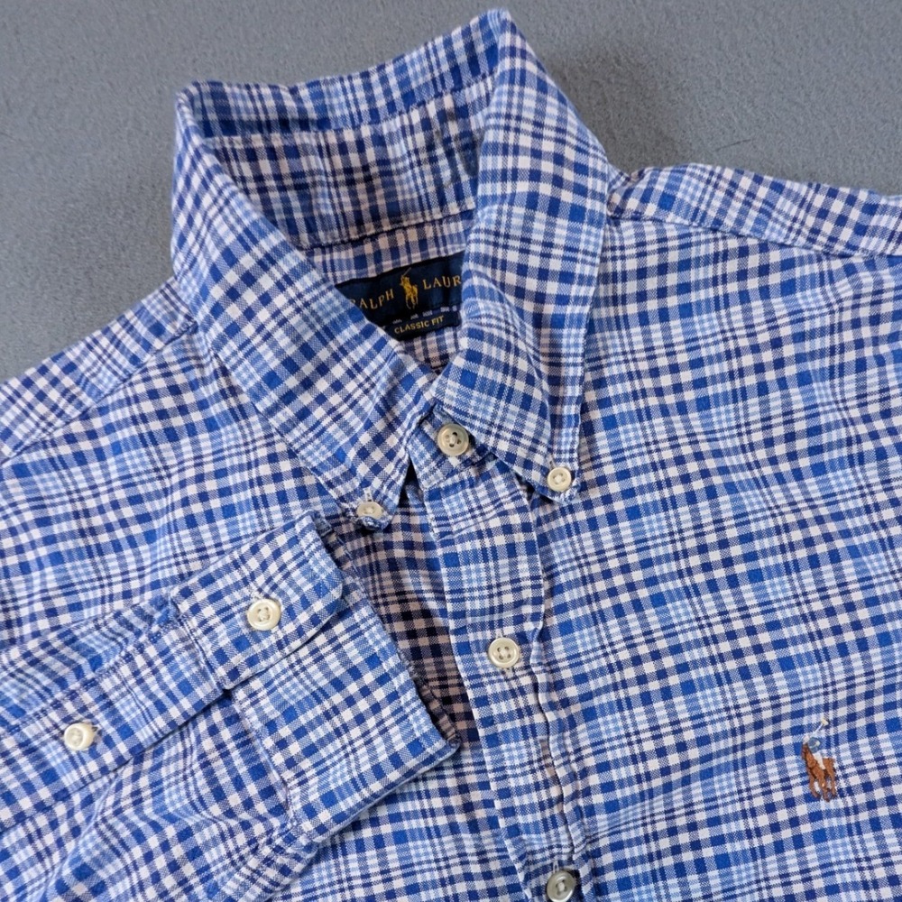 Ralph Lauren Button Down Shirt Mens Medium Plaid Classic Fit Flesh Pony